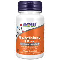 Thumbnail for A bottle of Now Foods Glutathione 500 mg dietary supplement for liver detoxification, with milk thistle extract and alpha lipoic acid, 30 veg capsules.