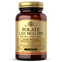 Thumbnail for A bottle of Solgar Folate 1,333 mcg DFE (800 mcg Folic Acid) dietary supplement, labeled as heart health and prenatal health supplements, gluten, wheat, and dairy free, suitable for vegans