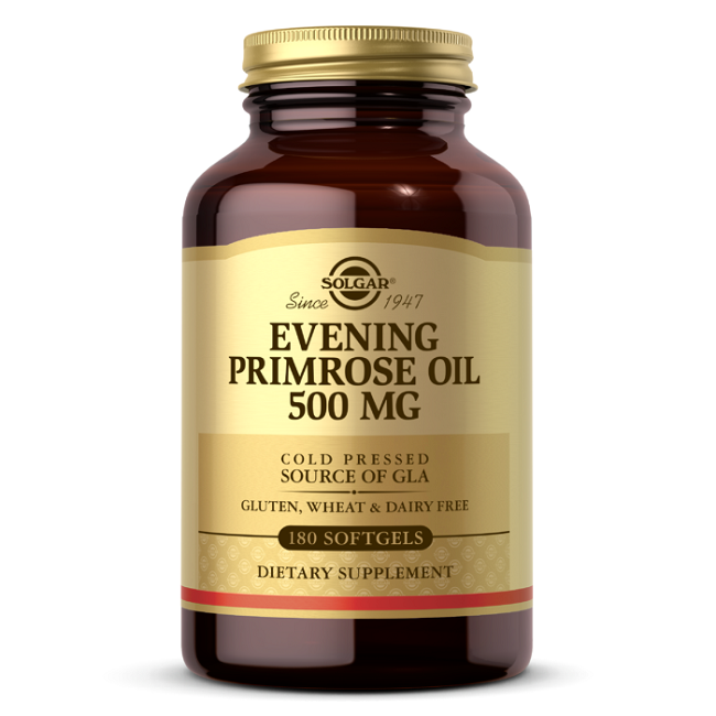 A bottle of Solgar Evening Primrose Oil 500 mg softgels, highlighting its cold-pressed source of GLA and benefits for skin health, while being gluten, wheat, and dairy-free.