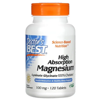 Thumbnail for A bottle of Doctor's Best High Absorption Magnesium contains 120 tablets, each with 100 mg. The orange and white label emphasizes its chelated lysine glycinate formula for optimal magnesium absorption.