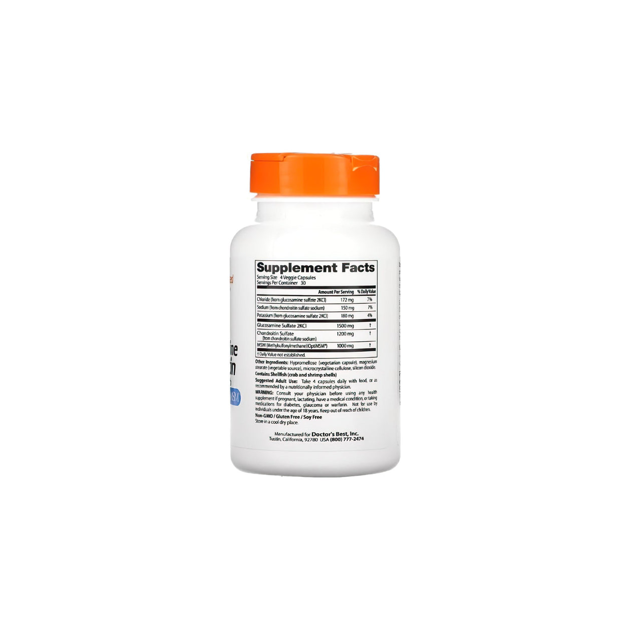 Um frasco de Doctor's Best Glucosamine Chondroitin MSM 120 capsules sobre um fundo branco.