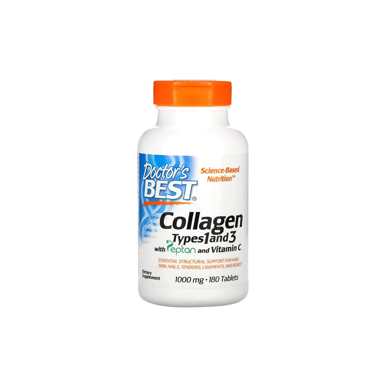 Um frasco de Doctor's Best Collagen types 1 and 3 1000 mg 180 tablets, o melhor suplemento de colagénio.