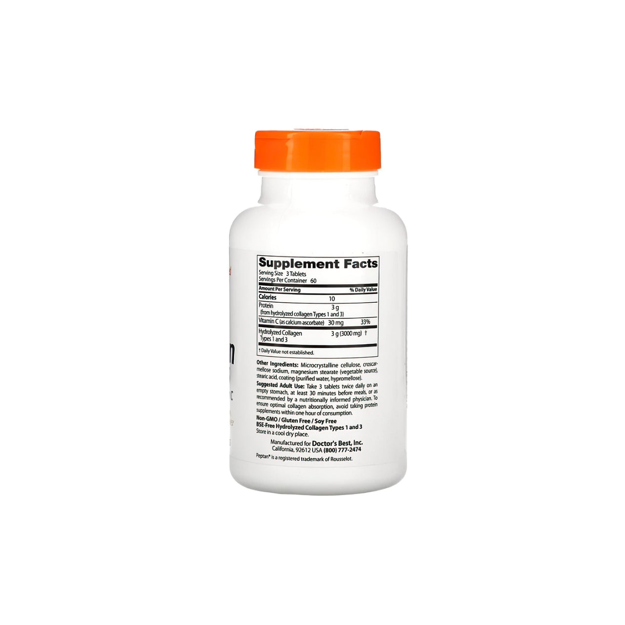 Um frasco de Doctor's Best Collagen types 1 and 3 1000 mg 180 tablets sobre um fundo branco.