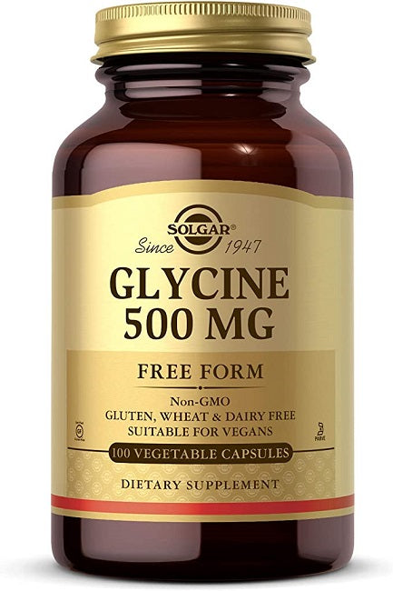 Um frasco de Solgar Glycine 500 mg 100 Cápsulas Vegetais de forma livre.