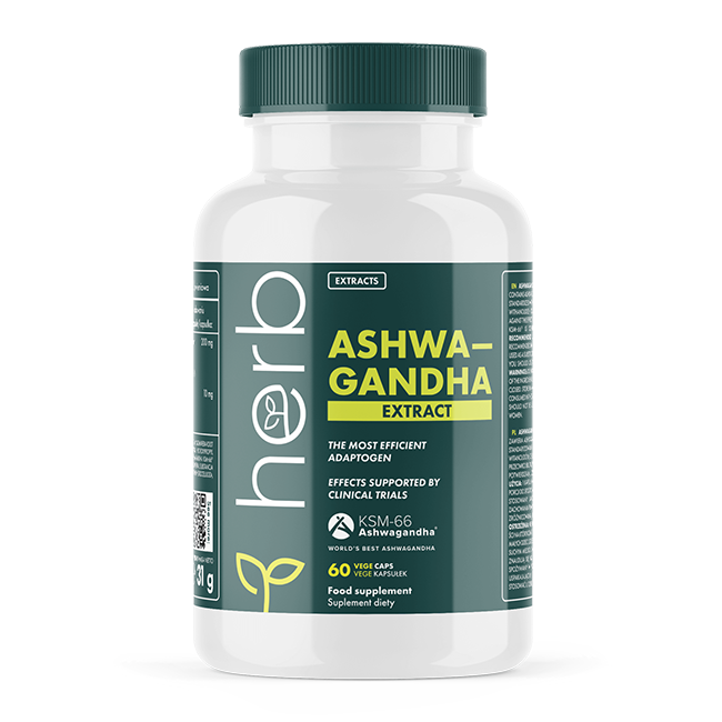 A white plastic bottle containing Ashwagandha Extract 200 mg Vege Capsules by the brand Herb is prominently labeled in green to display its Ayurvedic medicinal properties, adaptogen dosage, and supplement facts.