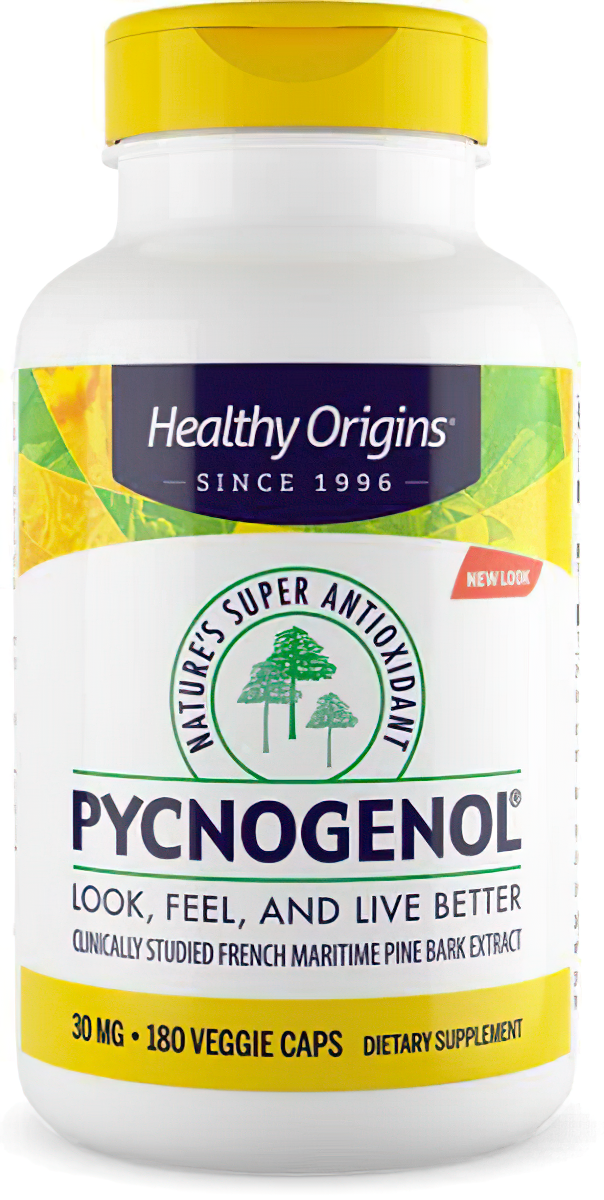 Um frasco de Healthy Origins Pycnogenol 30 mg 180 cápsulas vegetais, um suplemento alimentar rico em antioxidantes para a saúde cardiovascular.