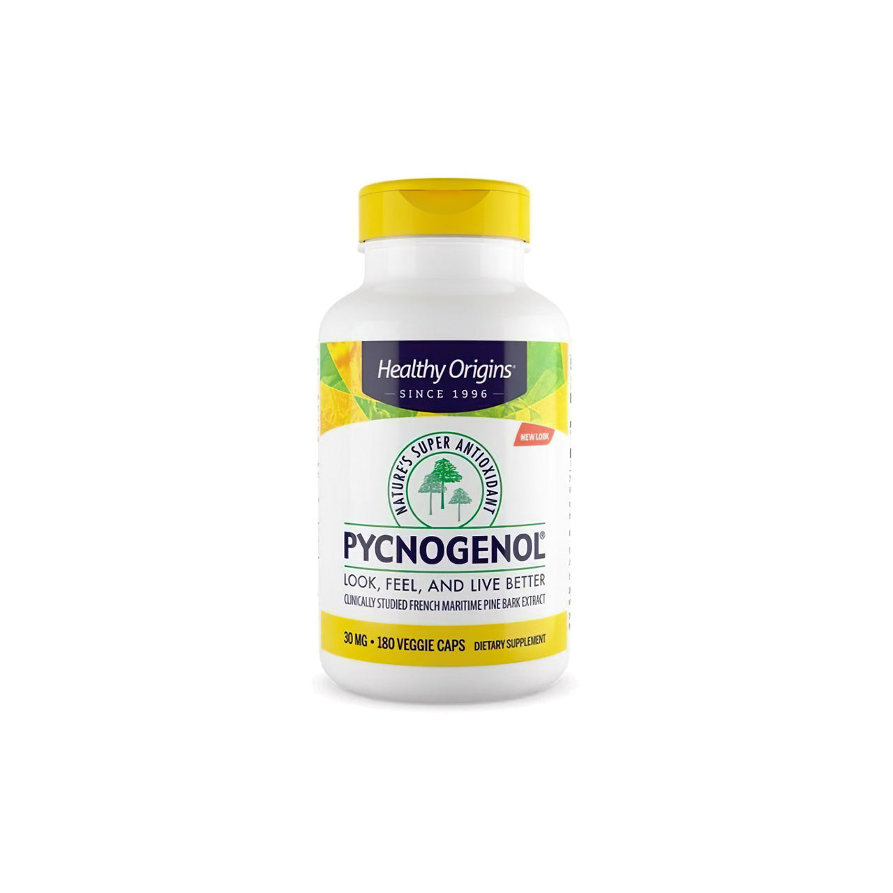 Um frasco de Healthy Origins' suplemento alimentar antioxidante, Pycnogenol 30 mg 180 cápsulas vegetais, para a saúde cardiovascular.