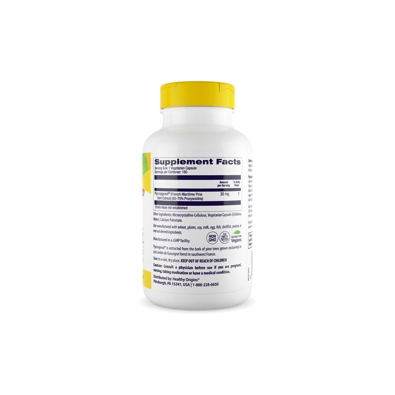 Um frasco de suplemento alimentar de Pycnogenol 30 mg 180 cápsulas vegetais, um poderoso antioxidante para a saúde cardiovascular, apresentado num fundo branco limpo, por Healthy Origins.