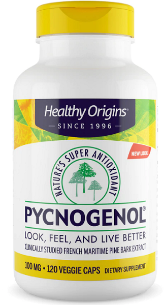 Um frasco de Healthy Origins Pycnogenol 100 mg 120 cápsulas vegetais, rico em antioxidantes, derivado do extrato de casca de pinheiro-marítimo. Ideal para promover a saúde cardiovascular.