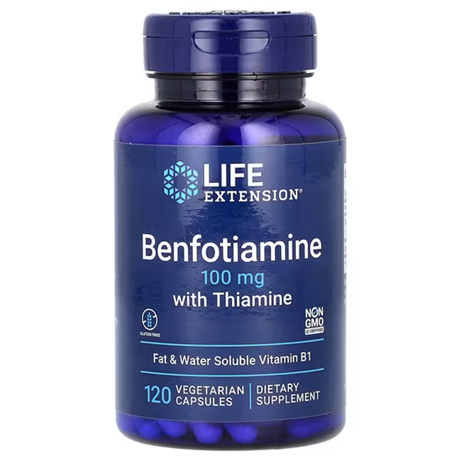 A bottle of Life Extension's Benfotiamine 100 mg with Thiamine, celebrated for its antioxidant properties, offers 120 vegetarian capsules and is a Non-GMO and gluten-free dietary supplement.