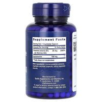 Thumbnail for The Life Extension Benfotiamine 100 mg with Thiamine blue bottle includes a supplement facts label emphasizing thiamine (vitamin B1) and benfotiamine, both known for their antioxidant properties. The serving size is 1 capsule, and the manufacturer's contact information is conveniently located at the bottom of the bottle.