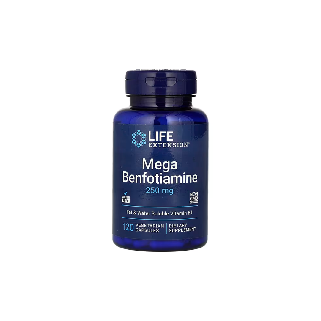 A bottle of Life Extension's Mega Benfotiamine 250 mg, with 120 vegetarian capsules, is a fat- and water-soluble Vitamin B1 dietary supplement designed to support glucose metabolism and benefit from the antioxidant properties inherent in Benfotiamine.