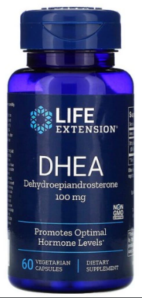 Um frasco de Life Extension DHEA 100 mg 60 cápsulas vegetais.