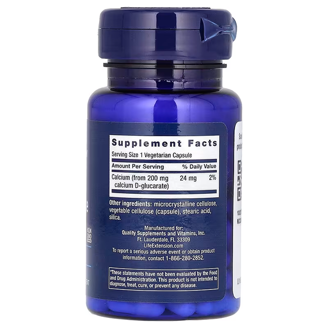 A blue bottle from Life Extension, labeled with supplement facts, features calcium content and an ingredient list that includes Calcium D-Glucarate found in their "Calcium D-Glucarate 200 mg 60 Vegetarian Capsules.