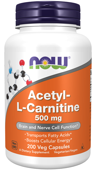 Now Foods Acetil -L-Carnitina 500 mg 200 cápsulas vegetais.