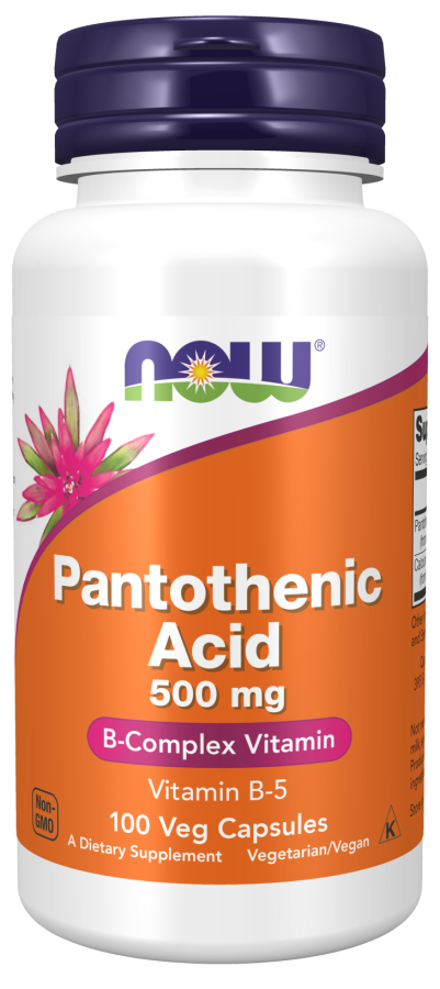 Now Foods Ácido Pantoténico 500 mg 100 cápsulas vegetais apoia o metabolismo energético e o sistema imunitário.