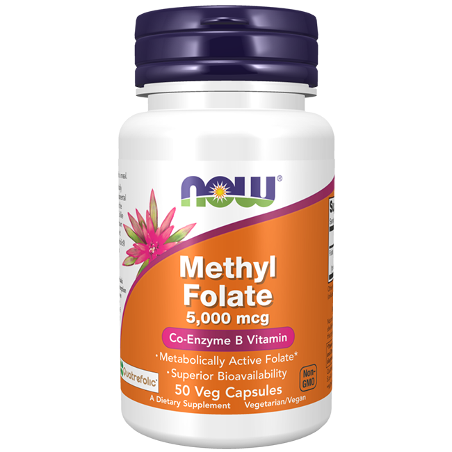 NOW Foods offers Methyl Folate 5000 mcg, which is a Co-Enzyme B Vitamin vital for DNA synthesis and overall health, available in a bottle containing 50 vegetarian capsules that are non-GMO.