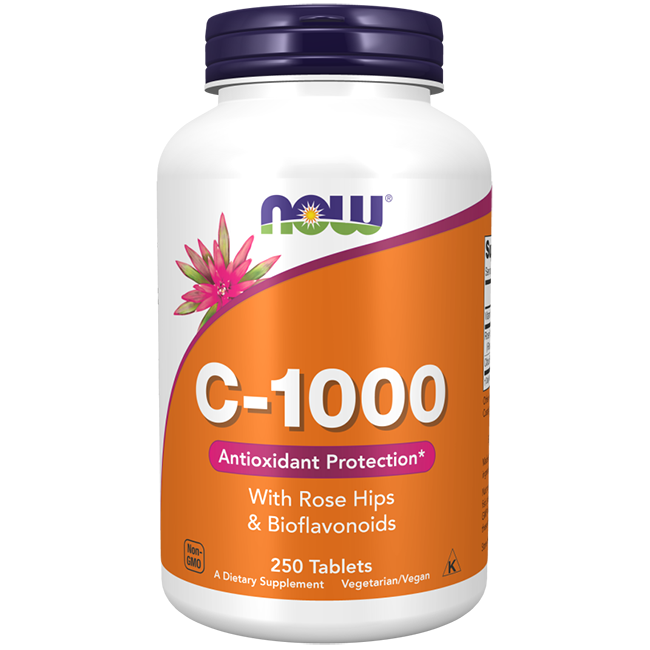 The Vitamin C-1000 250 Tablets from Now Foods provides immune support with added benefits of rose hips and bioflavonoids. This bottle contains 250 non-GMO, vegetarian/vegan tablets that also help in collagen synthesis for overall wellness.