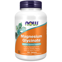 Thumbnail for A bottle of Now Foods Magnesium Glycinate 200 mg, consisting of 180 tablets, is marketed for nervous system health and energy production. It is non-GMO and suitable for vegetarians and vegans.