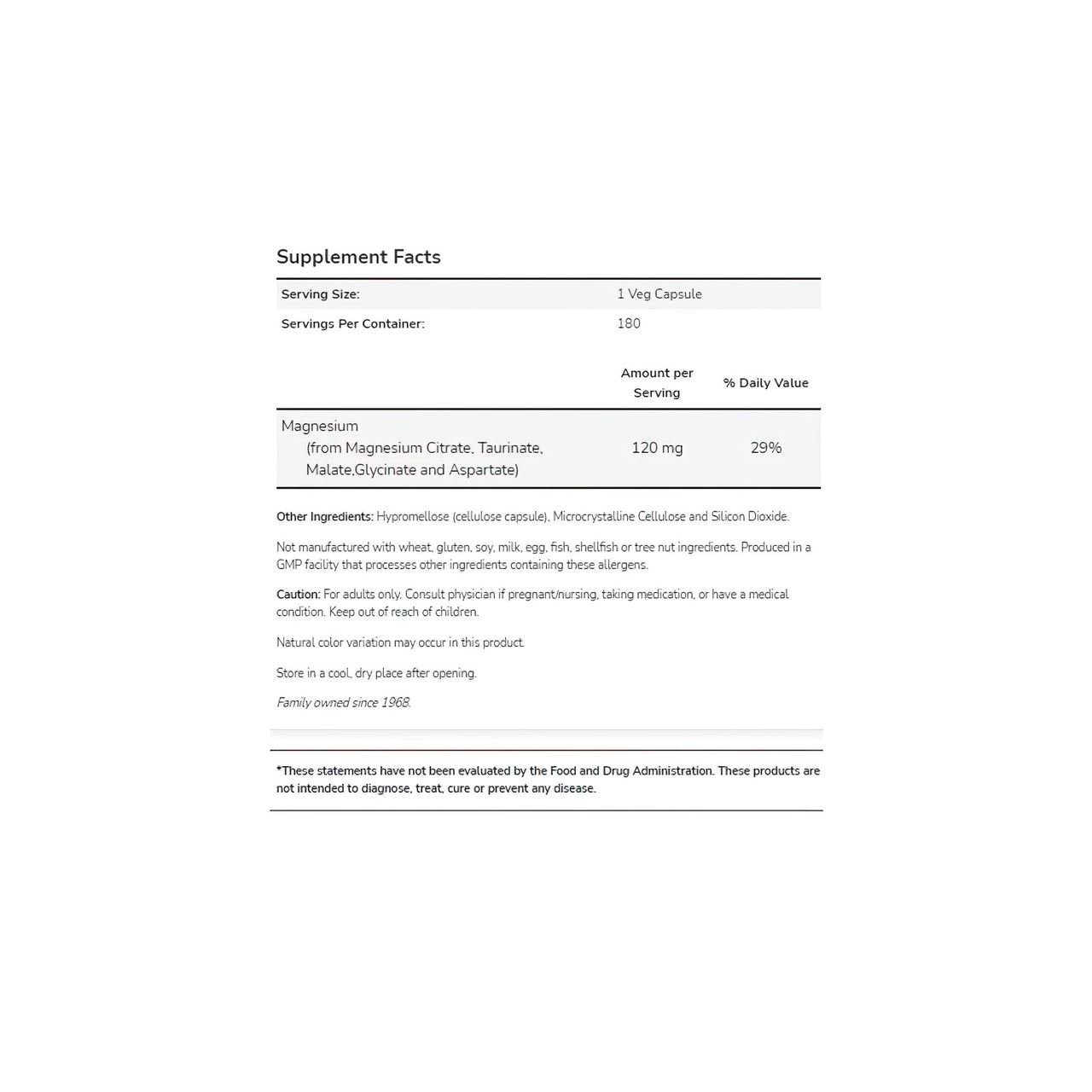 Magnesium Transporters 120 mg 180 cápsulas vegetais - factos do suplemento