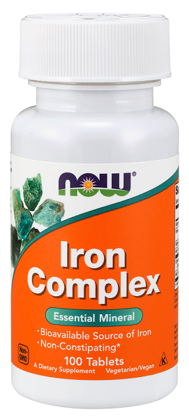 Um frasco de Now Foods Iron Complex 100 comprimidos.