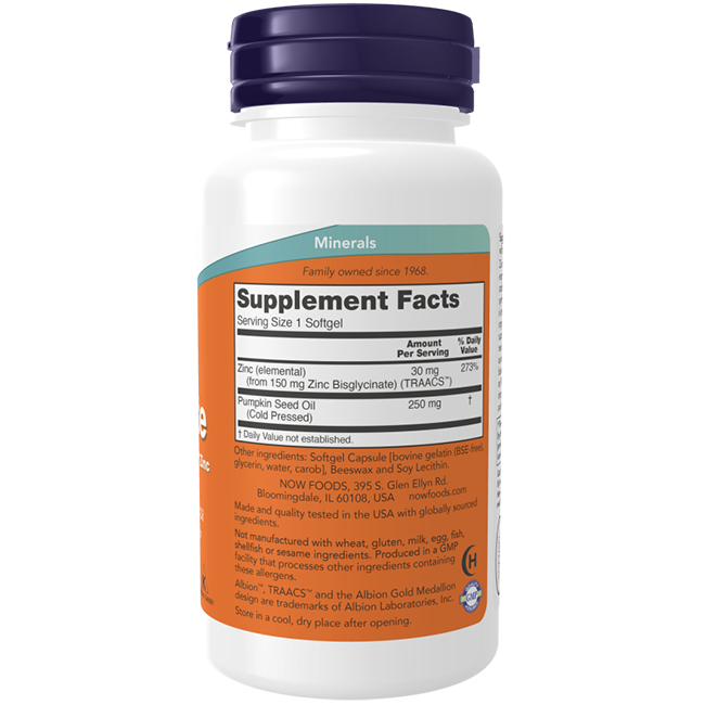 A bottle of Now Foods Zinc Glycinate 30 mg, containing 120 softgels, with an orange label that details supplement facts, ingredients, and dosage information to support the immune system.