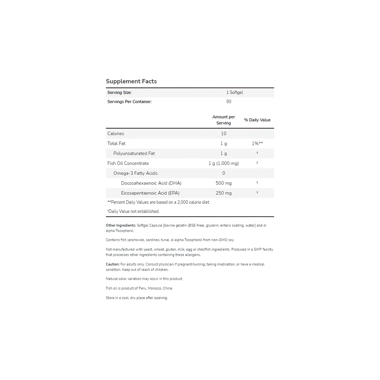 Uma tabela com os ingredientes do produto Now Foods DHA-500 EPA-250 90 softgel.