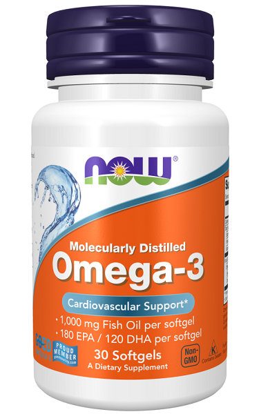 Um suplemento de Omega-3 180 EPA/120 DHA 30 softgel de Now Foods, rico em óleo de peixe para promover um coração saudável.