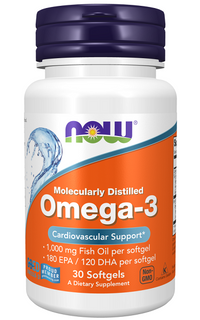 Miniatura de Um suplemento Omega-3 180 EPA/120 DHA 30 softgel de Now Foods, rico em óleo de peixe para promover um coração saudável.