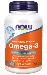 Miniatura de Now Foods Omega-3 180 EPA/120 DHA 100 softgel, molecularmente destilado para doenças cardíacas.