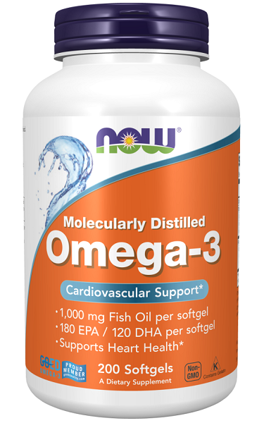 Um frasco de Omega-3 180 EPA/120 DHA 200 softgel da Now Foods, que promove a saúde do coração e apoia o sistema imunitário.