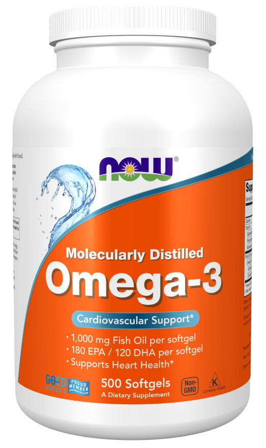 Now Foods Omega-3 180 EPA/120 DHA 500 softgel apoia a saúde do coração.