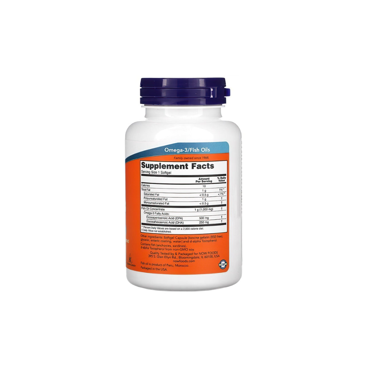 Um frasco de Ultra Omega-3 500 mg EPA/250 mg DHA 180 softgel suplemento com suporte cardiovascular sobre um fundo branco por Now Foods.