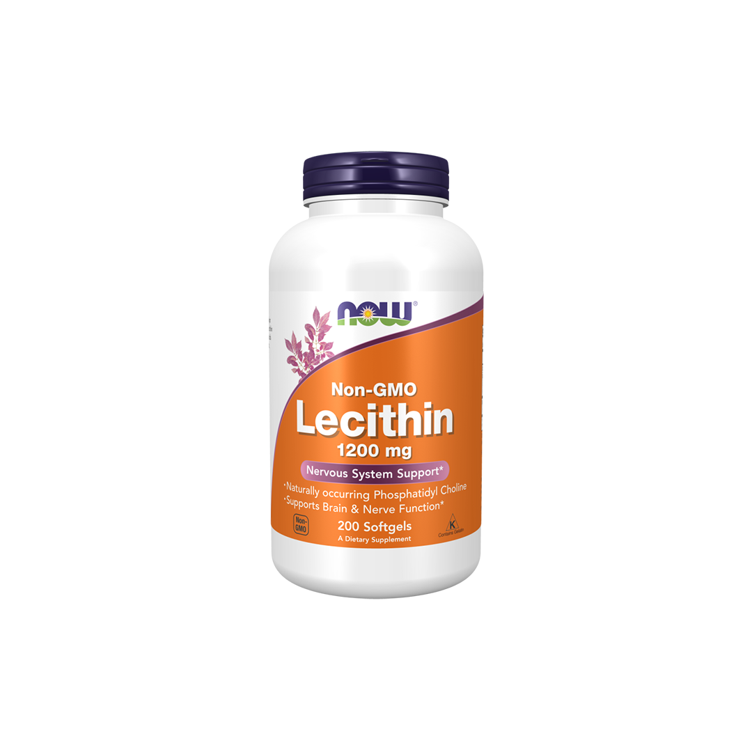 A bottle of Now Foods Lecithin 1200 mg 200 Softgels, displaying a distinctive purple and orange label, promotes nervous system health and brain function. It is enriched with essential phospholipids.