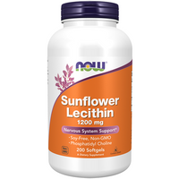 Thumbnail for A bottle of Sunflower Lecithin 1200 mg by Now Foods, consisting of 200 softgels, is described as soy-free and non-GMO, offering nervous system support and enhanced cognitive abilities through its phosphatidylcholine content.