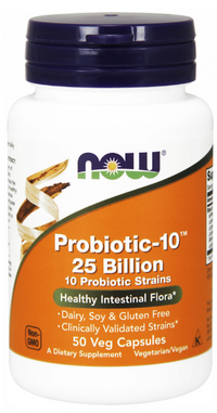Miniatura de Now Foods Probiotic-10 25 Billion 50 vege capsules é um suplemento poderoso que contém 5 mil milhões de culturas vivas para apoiar a digestão e aumentar a imunidade.