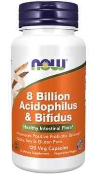 Miniatura de Now Foods 8 mil milhões de acidophilus & bifidus 120 cápsulas vegetais.