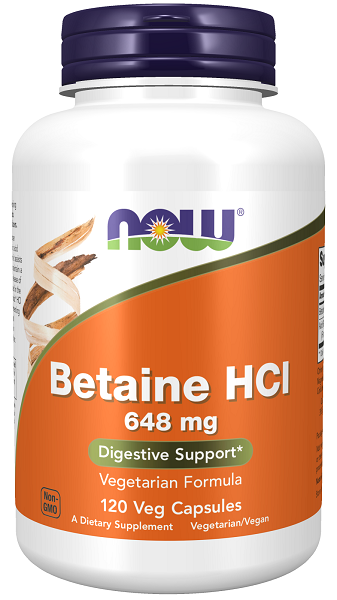Now Foods Betaine HCI é um suplemento alimentar sob a forma de cápsulas vegetais de 648 mg.