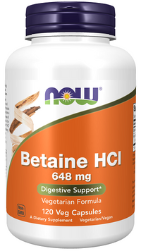 Miniatura de Now Foods Betaine HCI é um suplemento alimentar sob a forma de cápsulas vegetais de 648 mg.