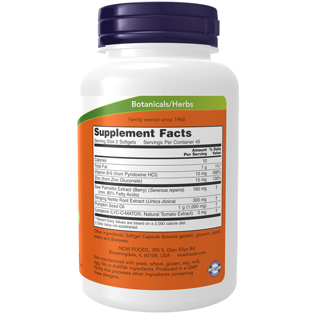 A bottle of Prostate Support 90 Softgels by Now Foods displays supplement facts on its orange label, highlighting ingredients such as vitamins, nettle root extract, pumpkin seed oil, and sabal palm extract that are known for supporting prostate health.