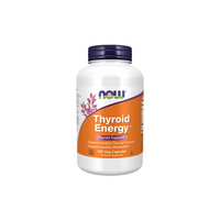 Thumbnail for A bottle of Now Foods Thyroid Energy 180 Veg Capsules boasts a purple cap and an orange label highlighting support for thyroid health and metabolism.