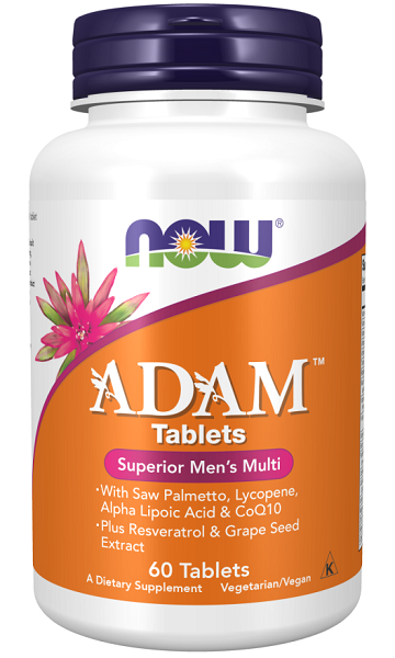 Um frasco de ADAM Multivitamins & Minerals for Man 60 comprimidos vegetais da Now Foods.