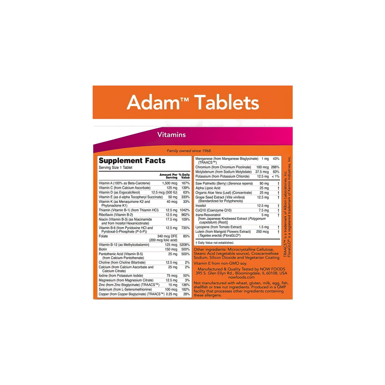 Now Foods ADAM Multivitamins & Minerals for Man 60 comprimidos vegetais sobre um fundo branco.