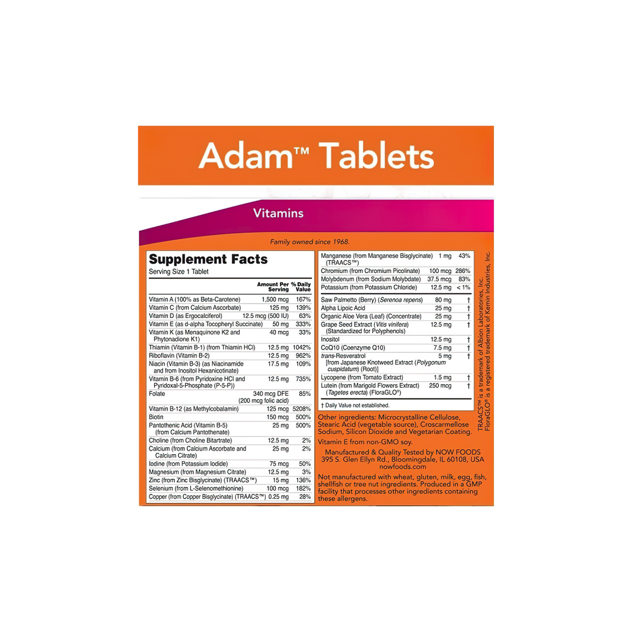 Now Foods ADAM Multivitamins & Minerals for Man 120 comprimidos vegetais com uma etiqueta na frente.