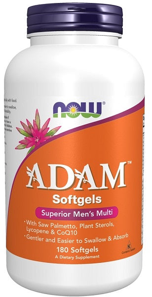 Um frasco de Now Foods ADAM Multivitamins & Minerals for Man 180 sgel.
