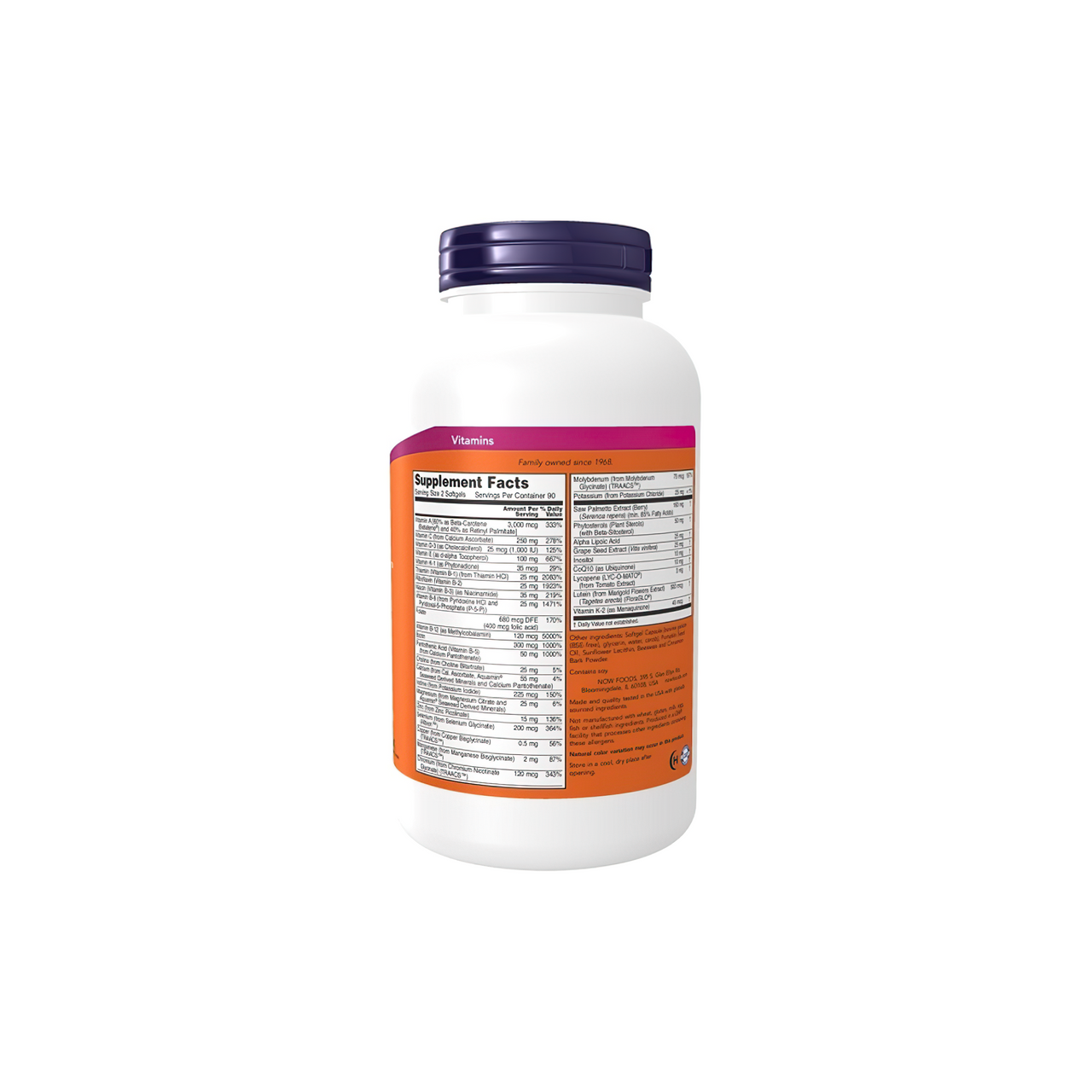 Um frasco de Now Foods ADAM Multivitamins & Minerals for Man 180 sgel sobre um fundo branco.