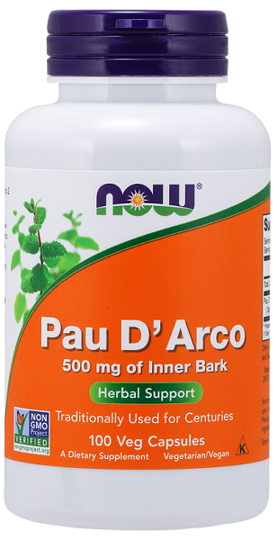 Now Foods Cápsulas de Pau D'Arco 500 mg, agora disponíveis numa embalagem de 100 cápsulas vegetais.