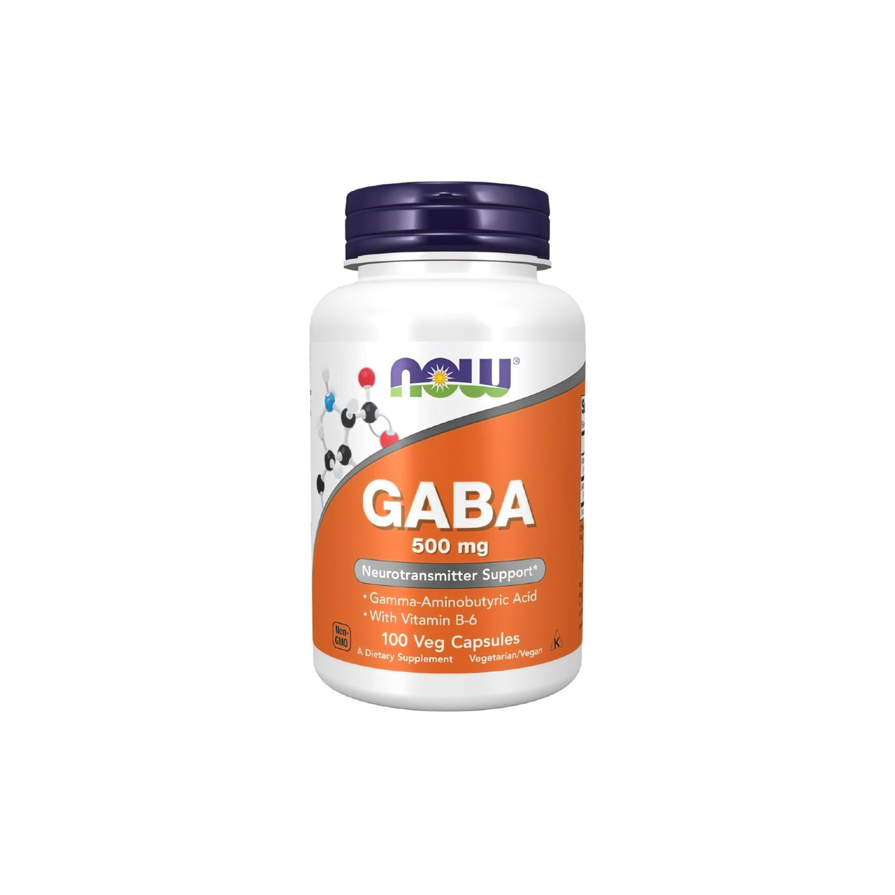 Um frasco de Now Foods GABA 500 mg 200 Cápsulas Vegetais, que promove o relaxamento e apoia o sistema nervoso.