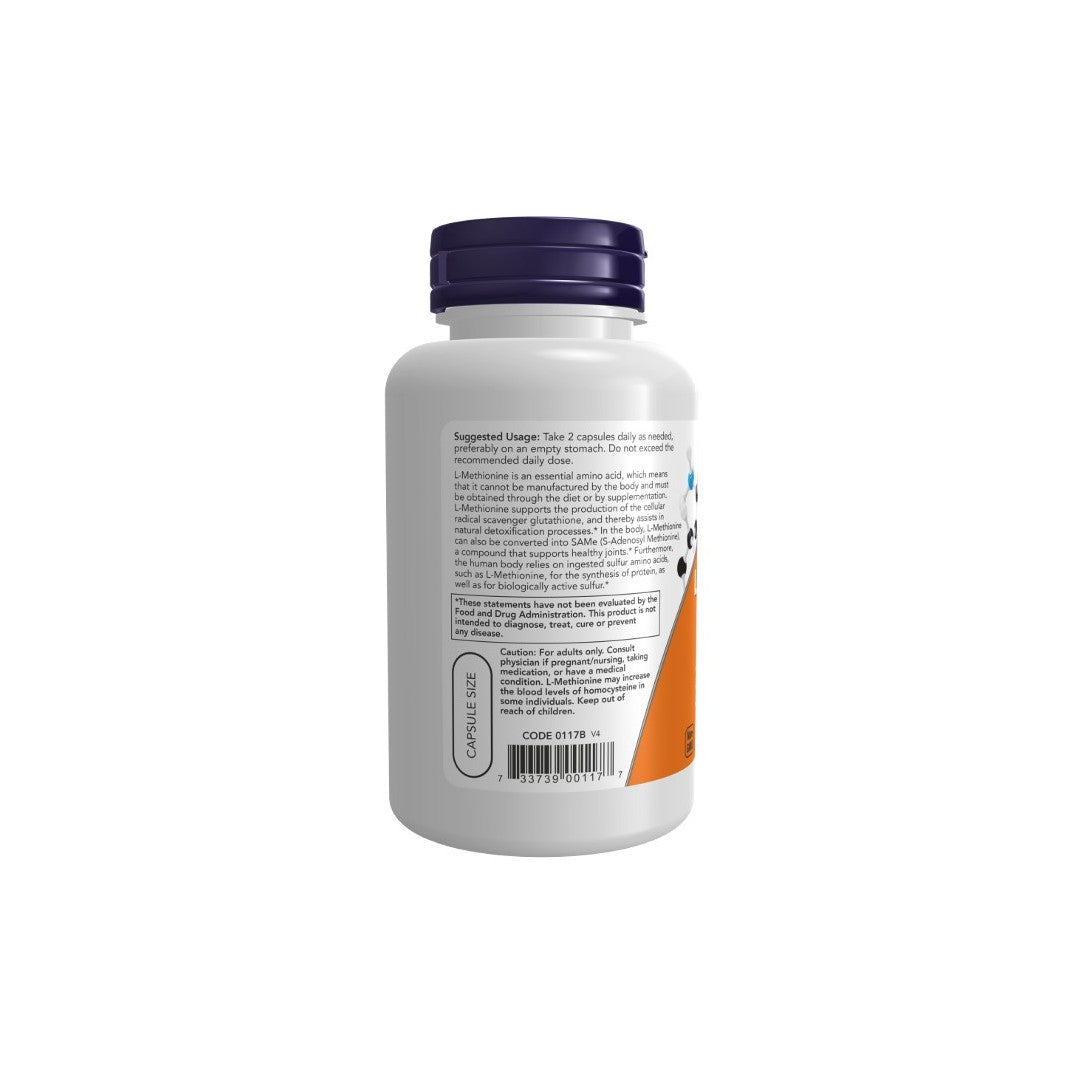 A white plastic bottle with a purple cap, displaying various text and details on the back label, including suggested usage instructions, cautionary information, and insights into its role in joint health—L-Methionine 500 mg 100 Veg Capsules by Now Foods.