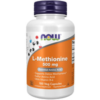 Thumbnail for A bottle of Now Foods brand L-Methionine 500 mg 100 Veg Capsules dietary supplement, containing 100 vegetarian capsules, supports detoxification mechanisms and includes Vitamin B-6.